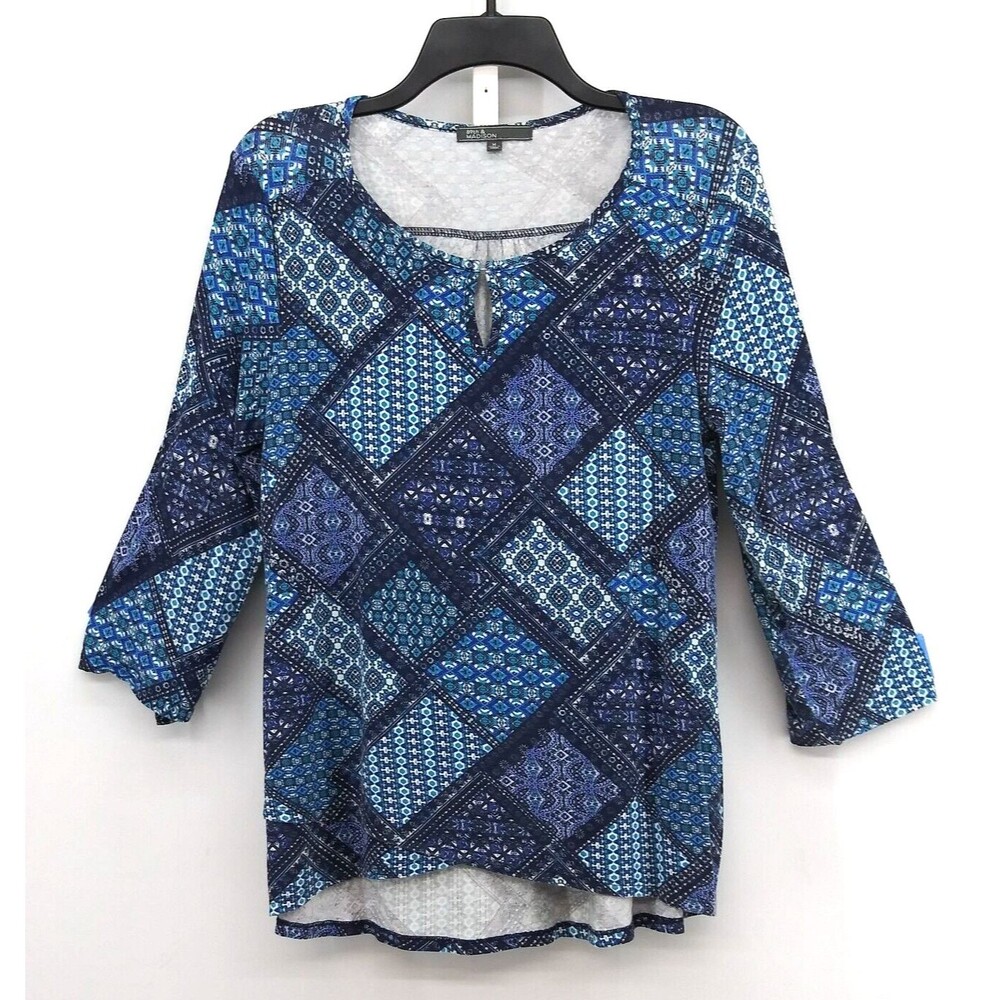89th & Madison Top Women Size M Blue Geometric 3/4 Roll Tab Sleeve Keyhole Neck